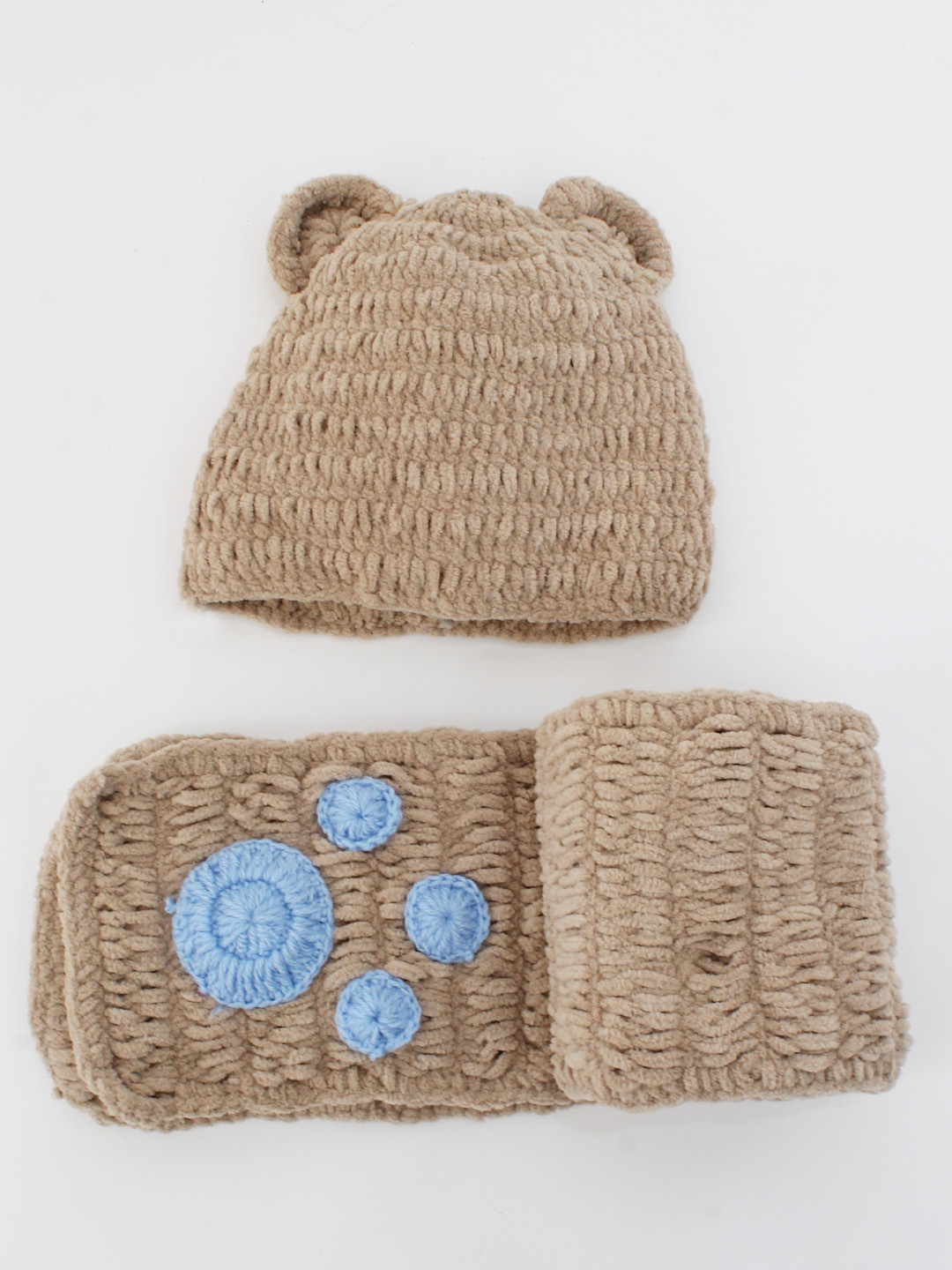 Woonie Handmade Bear Face Crochet Cap with Muffler - Beige