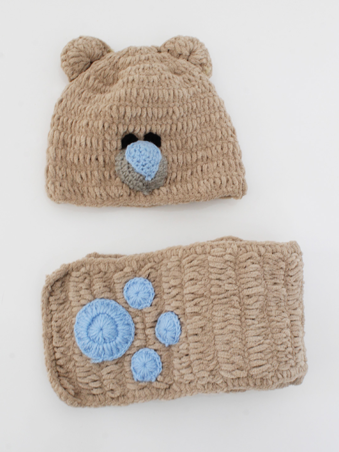 Woonie Handmade Bear Face Crochet Cap with Muffler - Beige