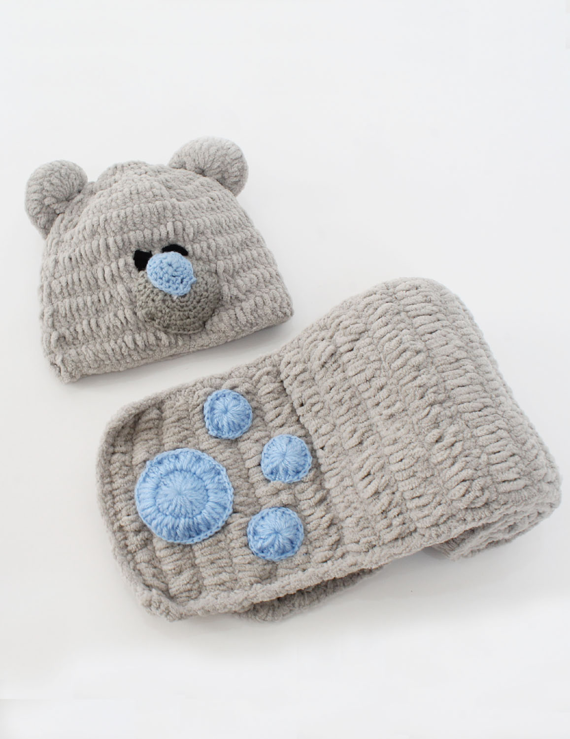 Woonie Handmade Bear Face Crochet Cap with Muffler - Grey