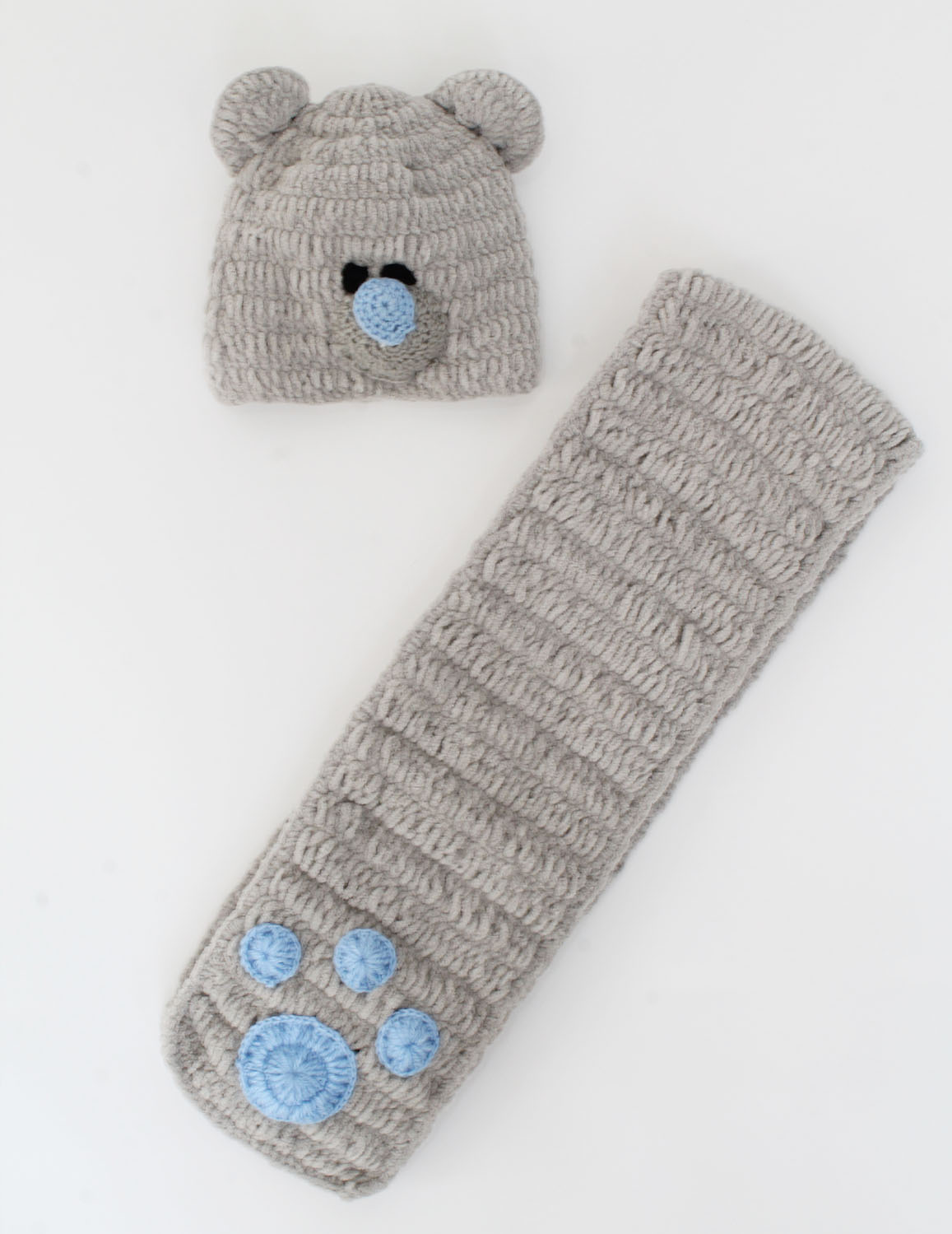 Woonie Handmade Bear Face Crochet Cap with Muffler - Grey