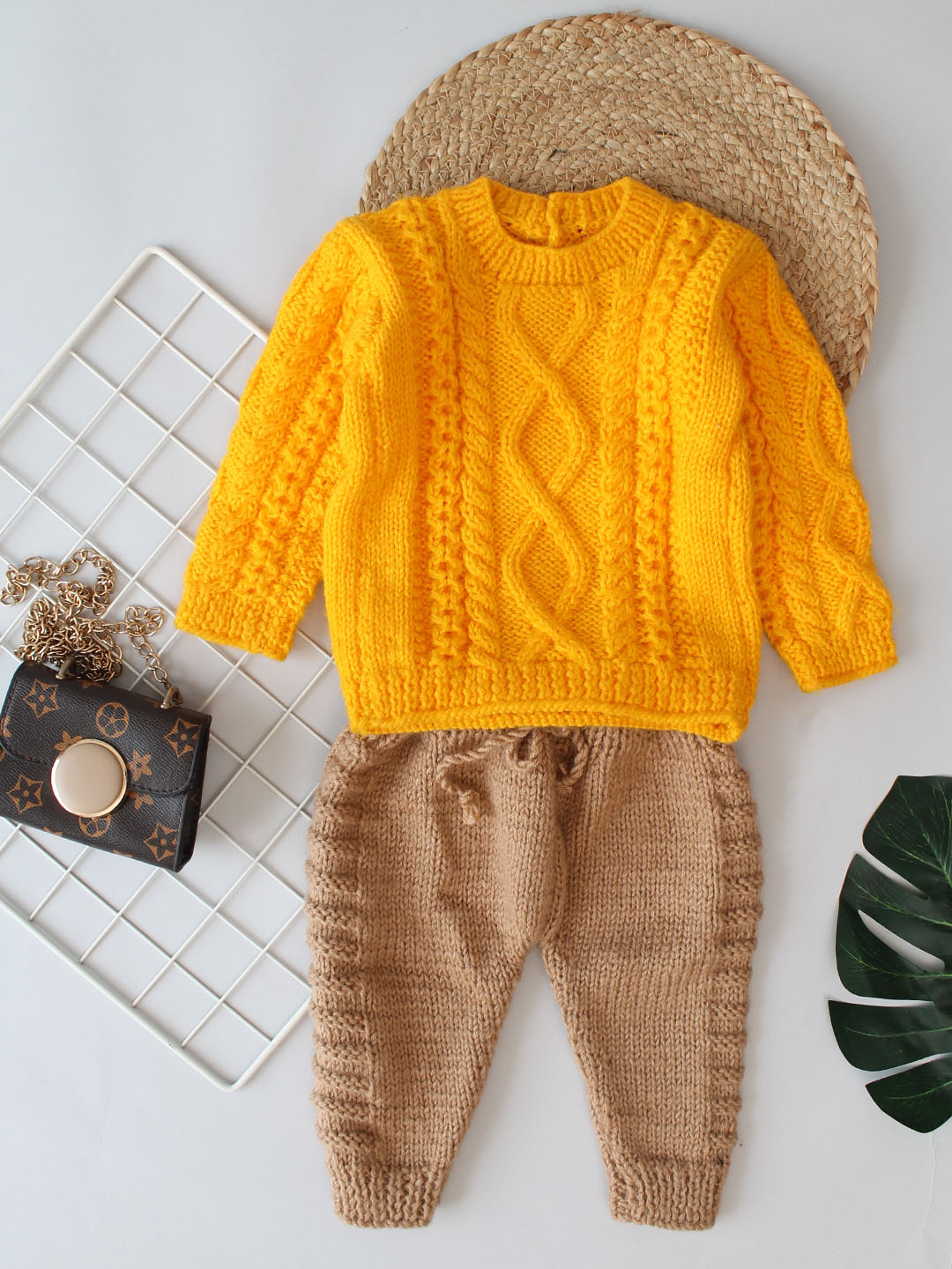 Woonie Handmade Cable Knit Sweater and Pants Set - Yellow