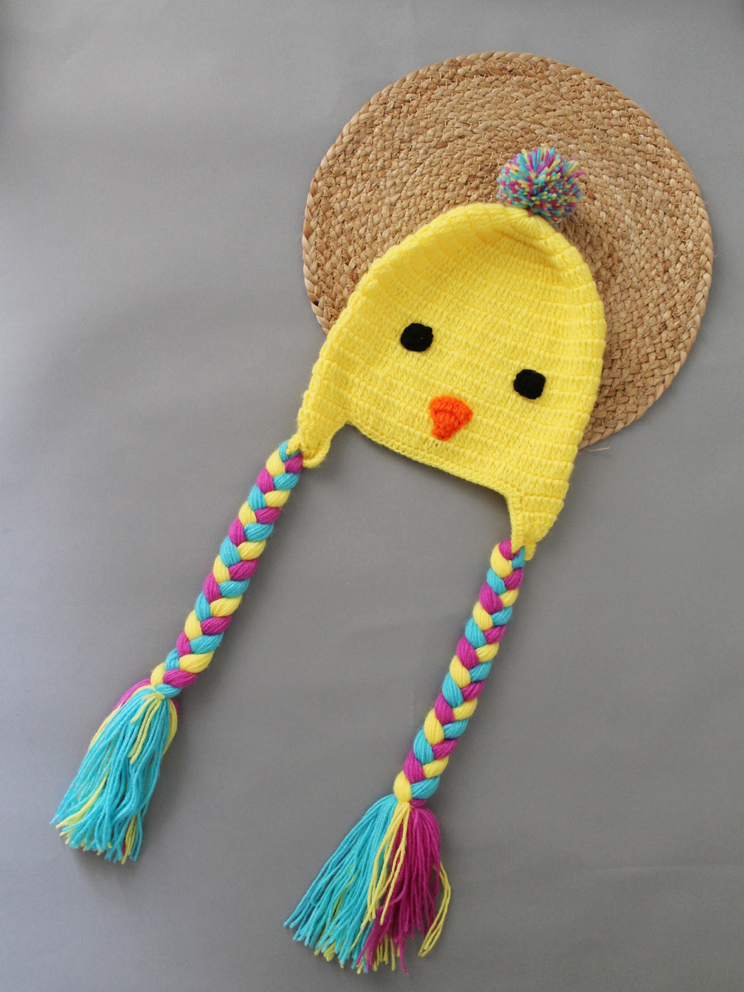 Woonie Handmade Crochet Bird Face Braided Beanie - Yellow