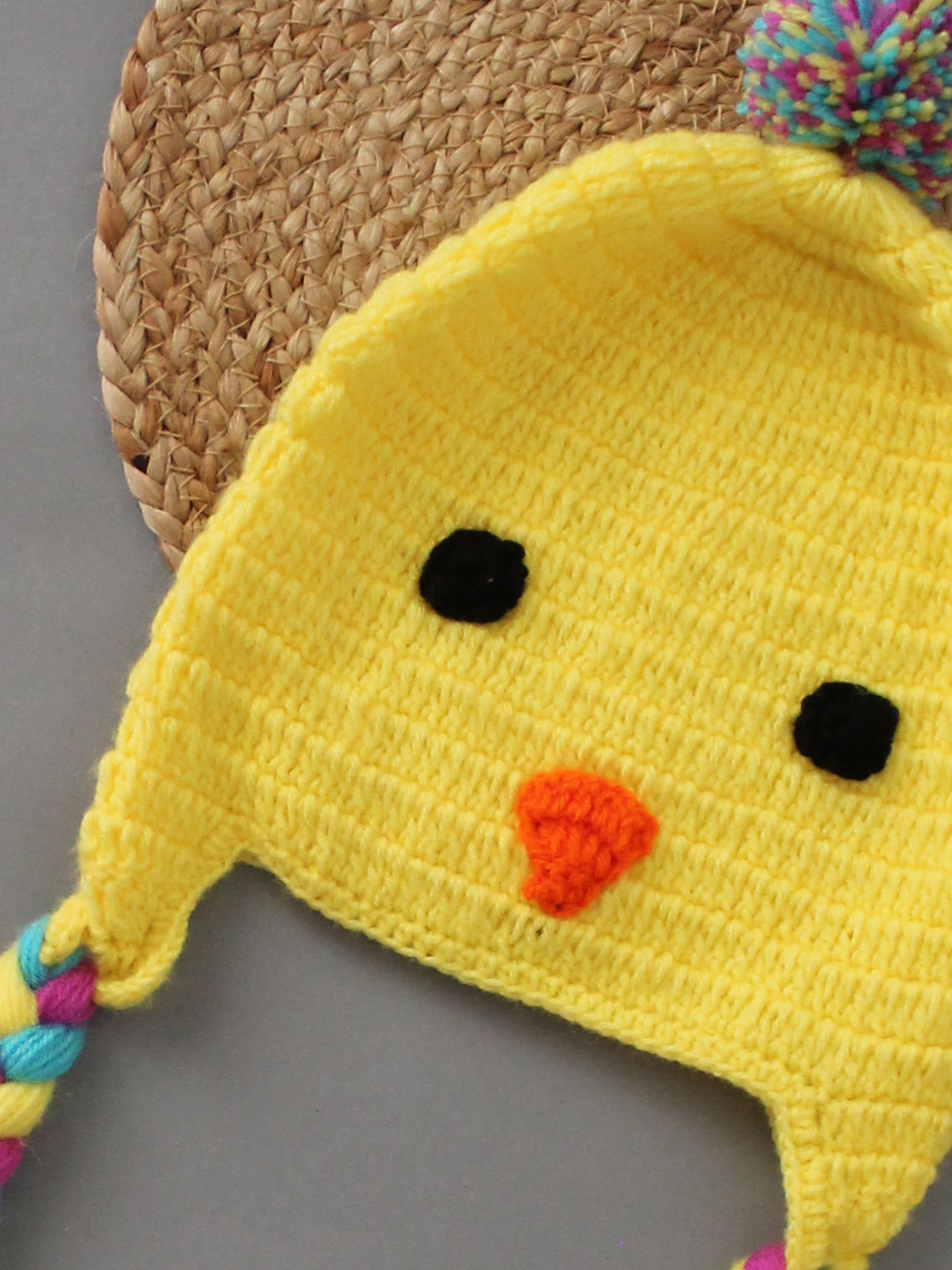 Woonie Handmade Crochet Bird Face Braided Beanie - Yellow
