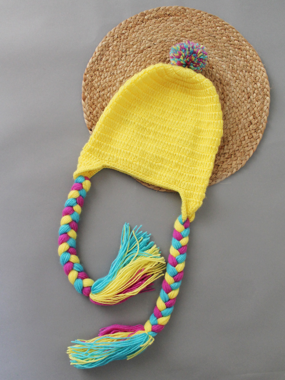 Woonie Handmade Crochet Bird Face Braided Beanie - Yellow