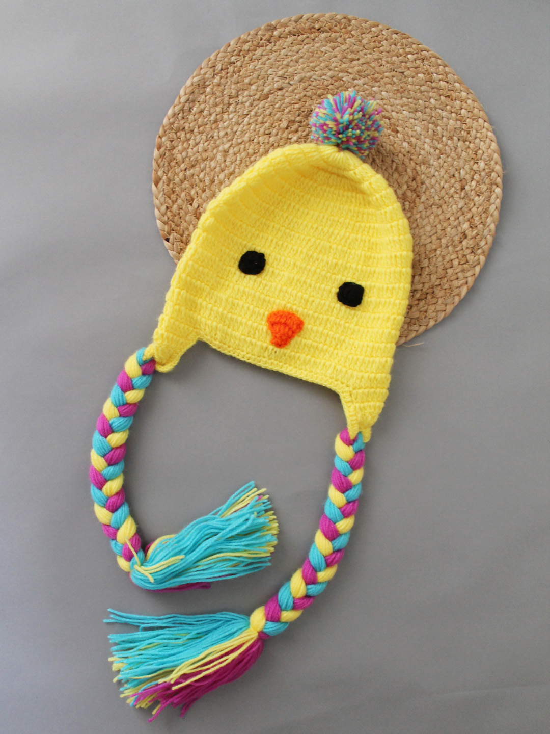 Woonie Handmade Crochet Bird Face Braided Beanie - Yellow