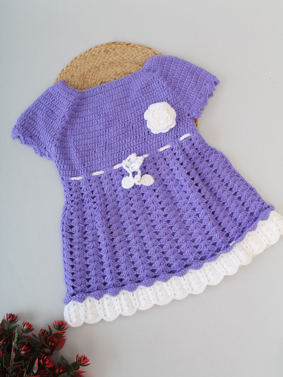 Woonie Handmade Crochet Floral Drawstring Frock - Purple