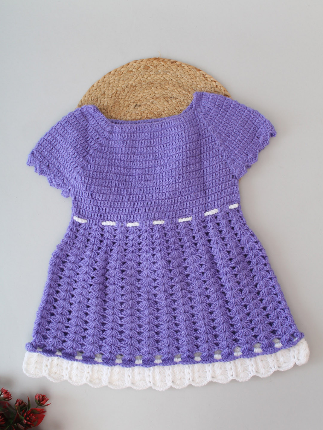 Woonie Handmade Crochet Floral Drawstring Frock - Purple