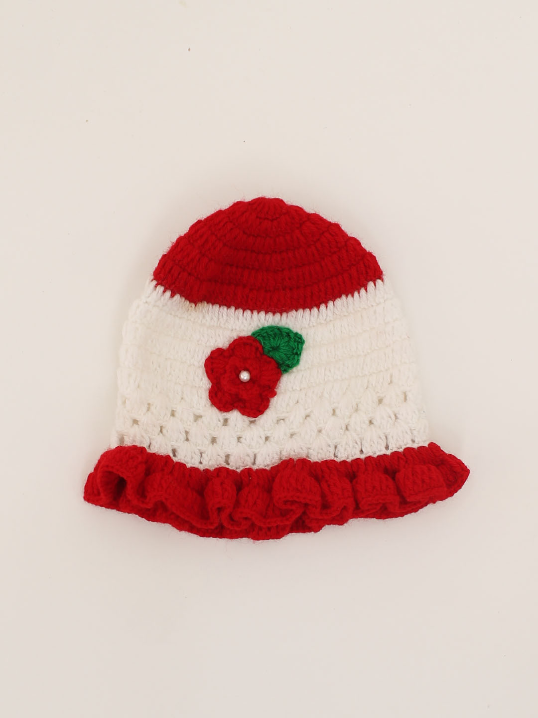 Woonie Handmade Crochet Flower Applique Cap with Frill -White