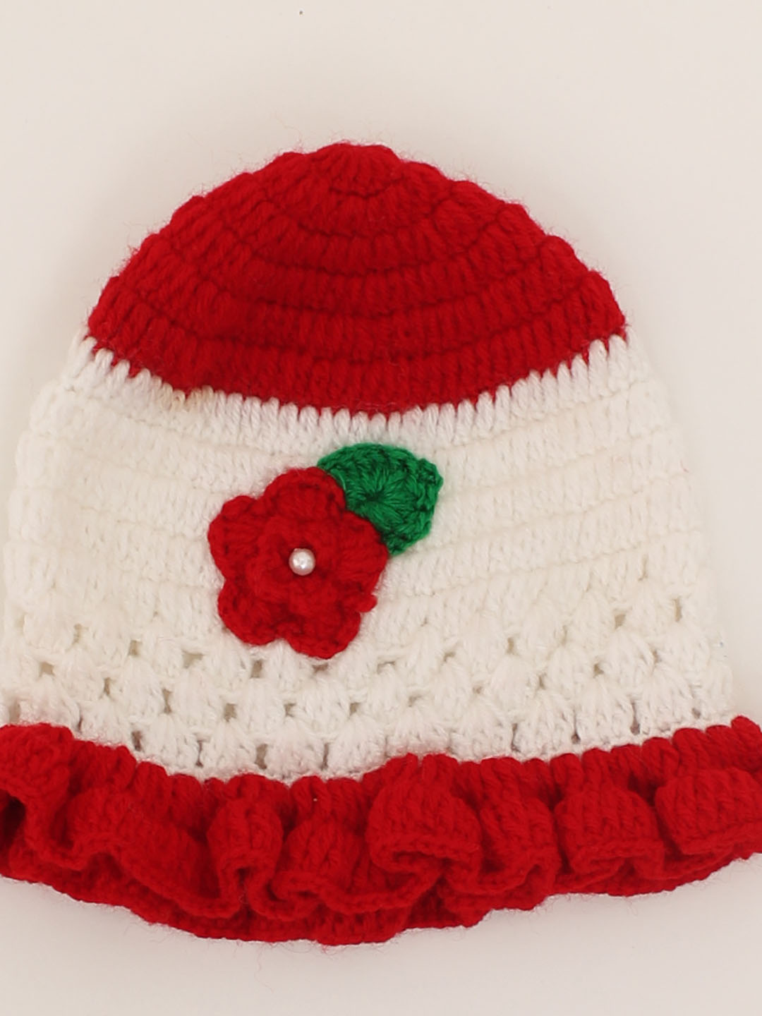 Woonie Handmade Crochet Flower Applique Cap with Frill -White