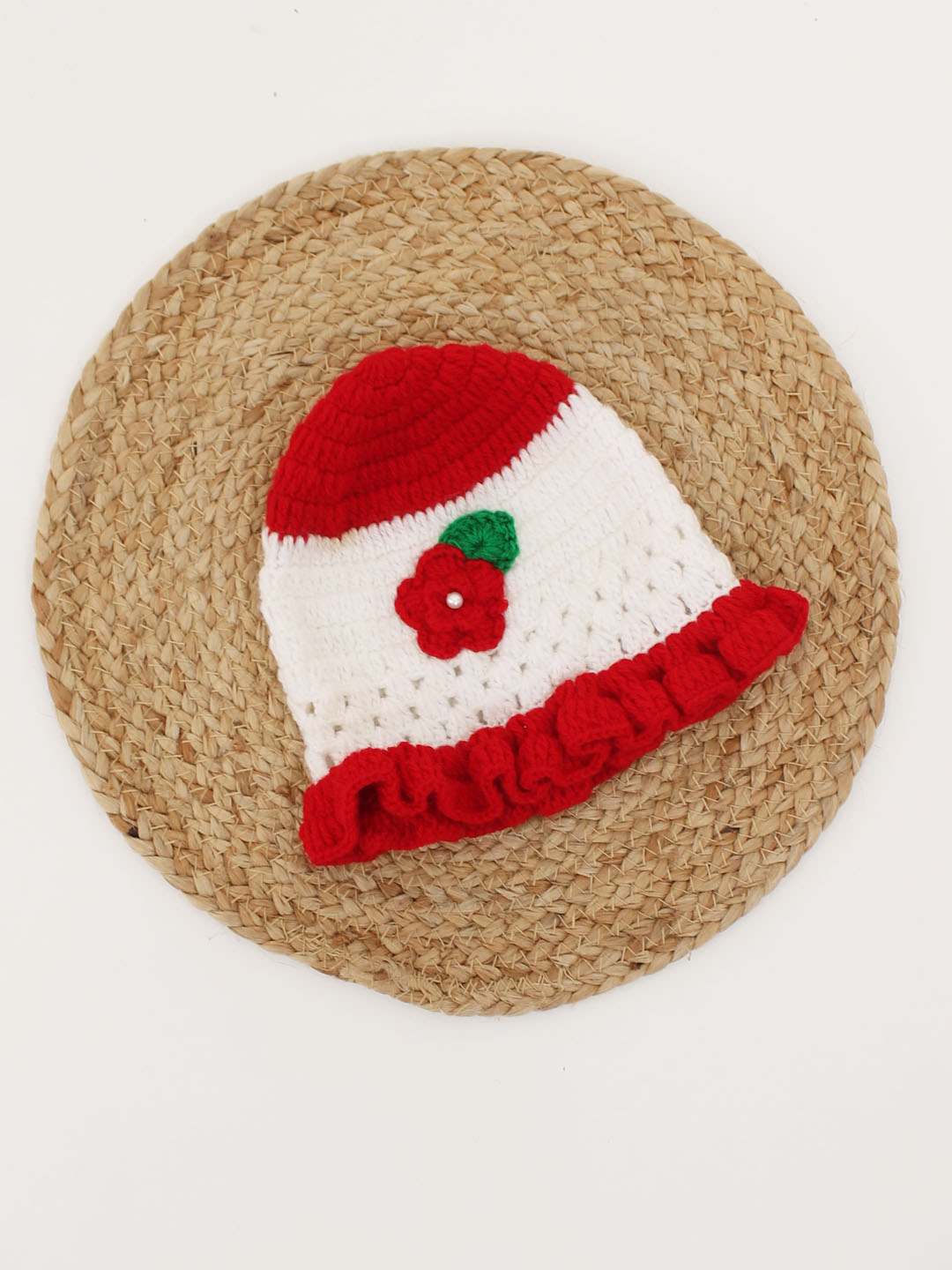 Woonie Handmade Crochet Flower Applique Cap with Frill -White