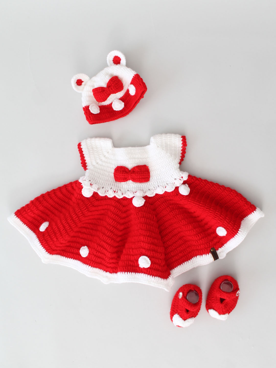 Woonie Handmade Crochet Frock with Cap and Booties - Red