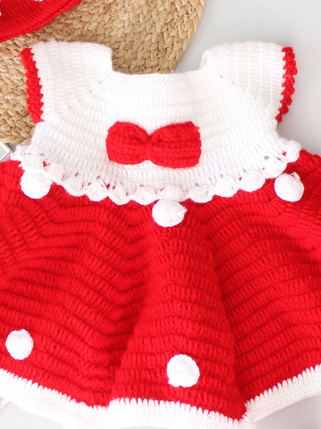 Woonie Handmade Crochet Frock with Cap and Booties - Red