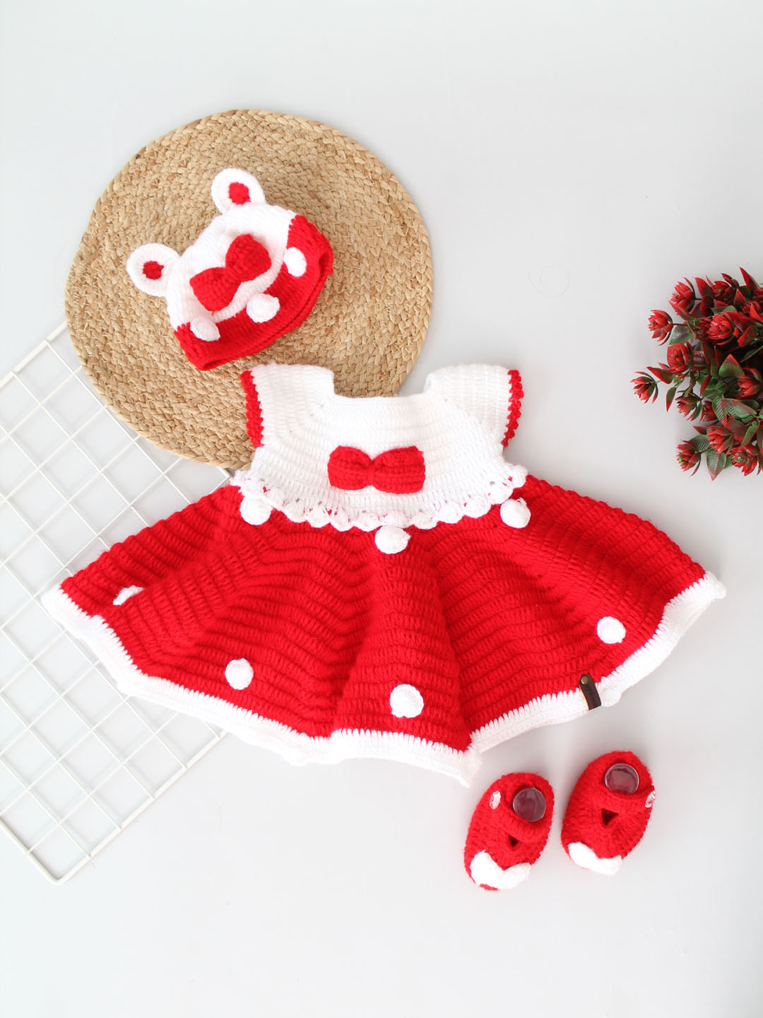 Woonie Handmade Crochet Frock with Cap and Booties - Red