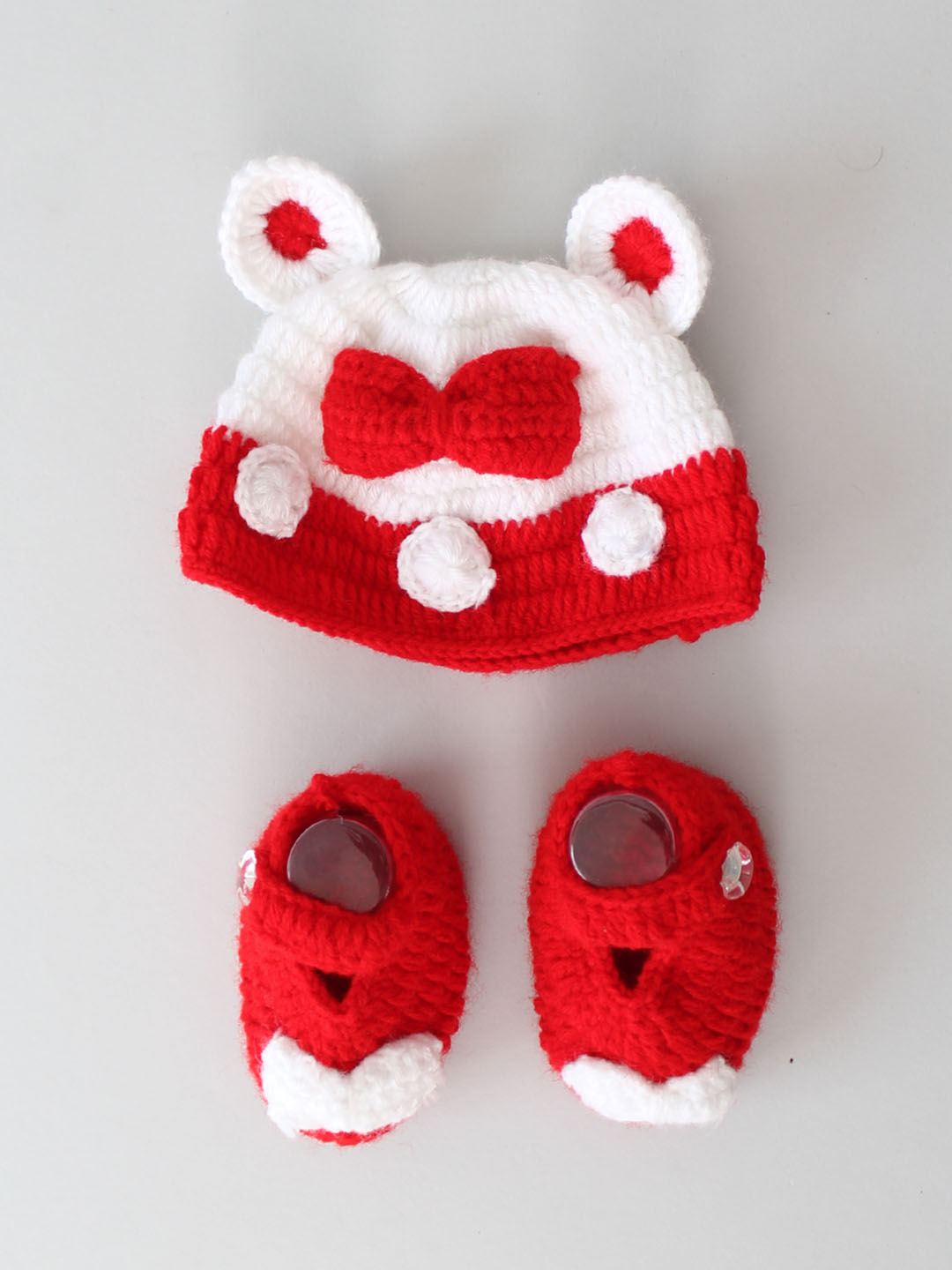 Woonie Handmade Crochet Frock with Cap and Booties - Red