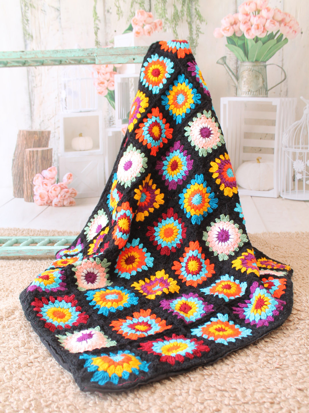 Woonie Handmade Crochet Granny Square Baby Blanket - Black