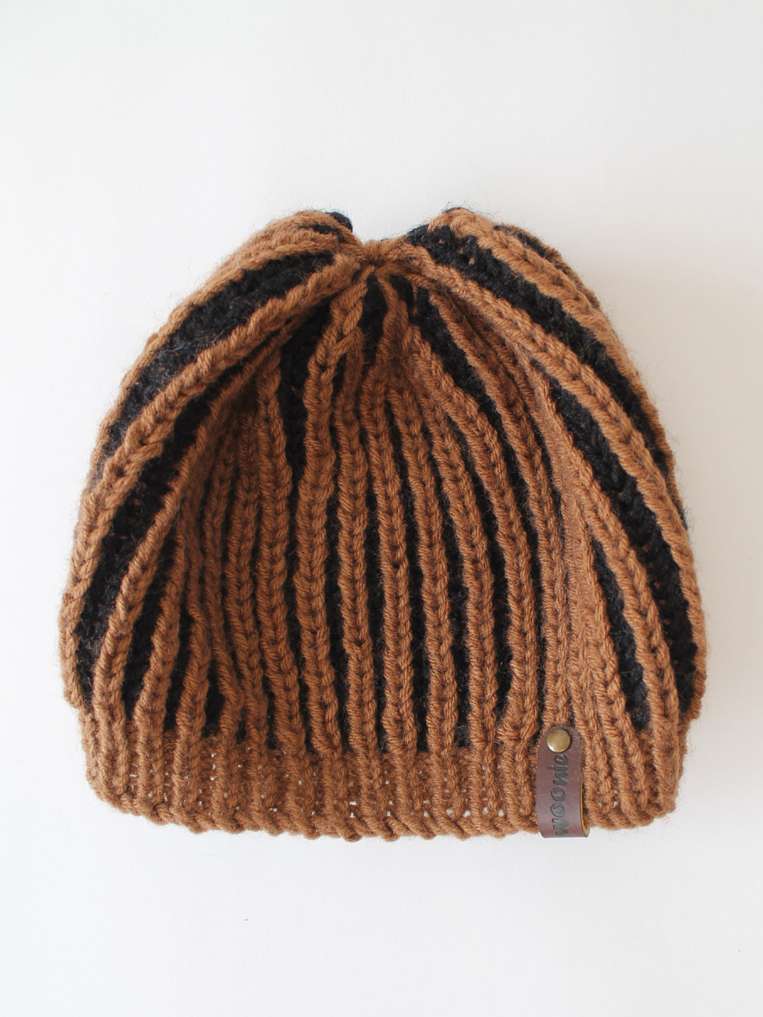 Woonie Handmade Knitted Striped Beanie Hat - Brown