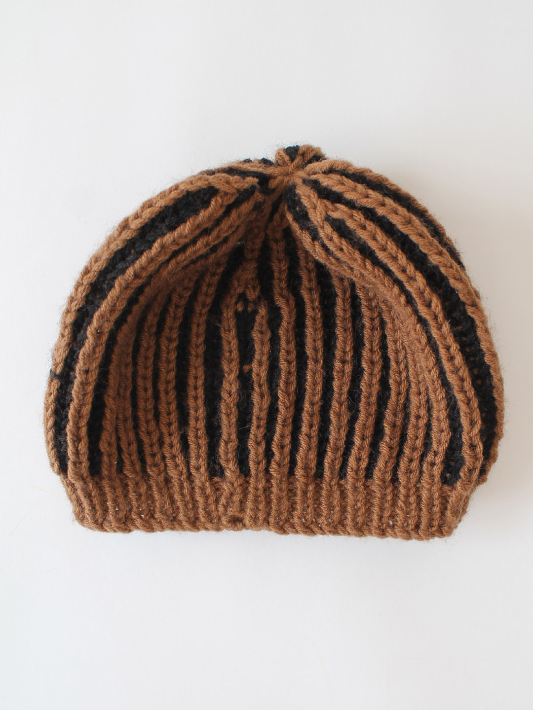 Woonie Handmade Knitted Striped Beanie Hat - Brown