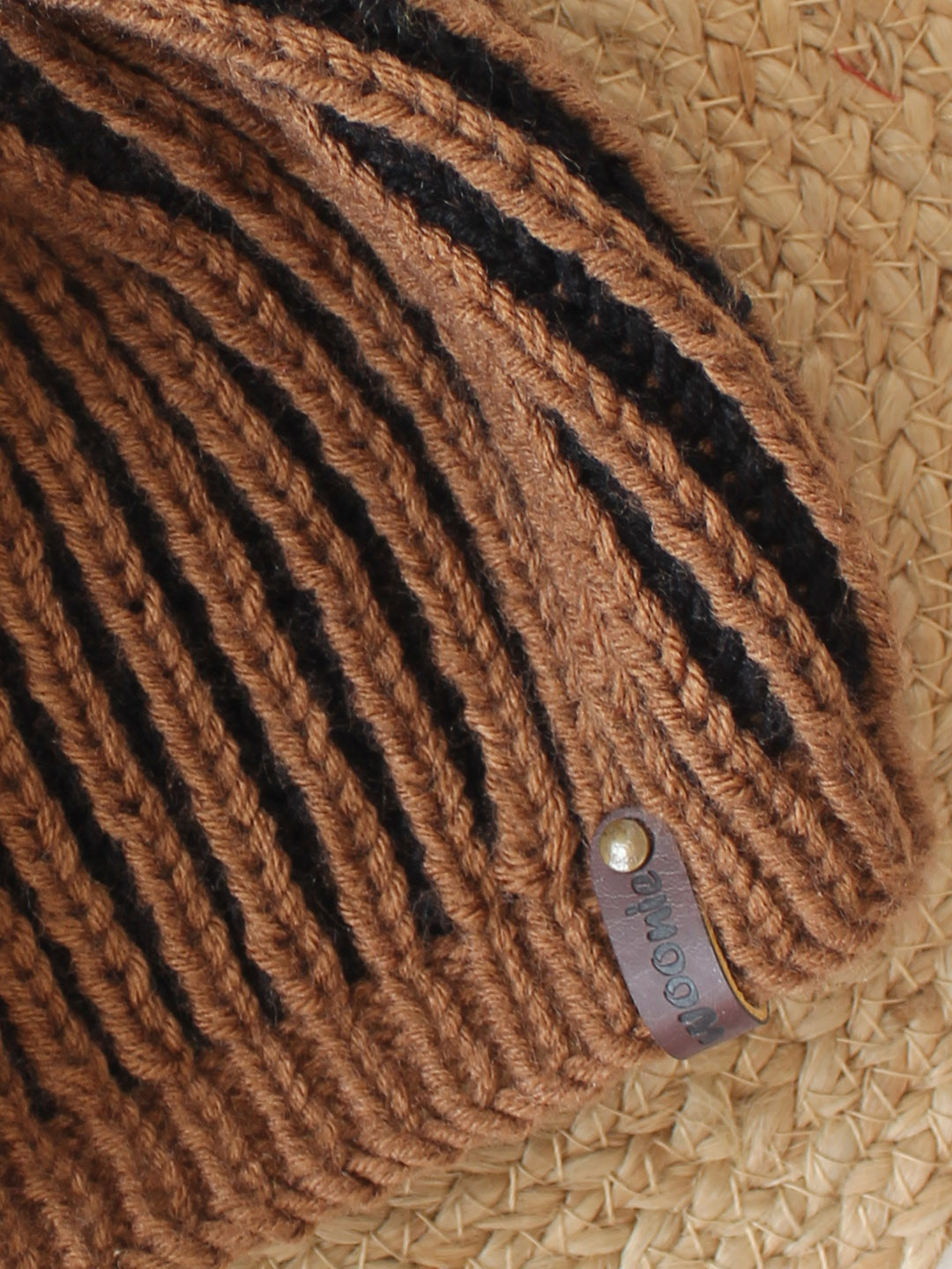 Woonie Handmade Knitted Striped Beanie Hat - Brown