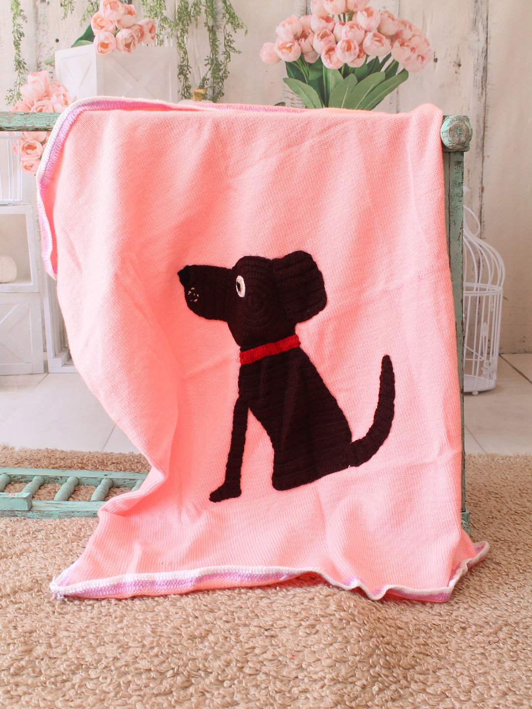Woonie Machine Knitted Puppy Applique Baby Pram Blanket - Pink