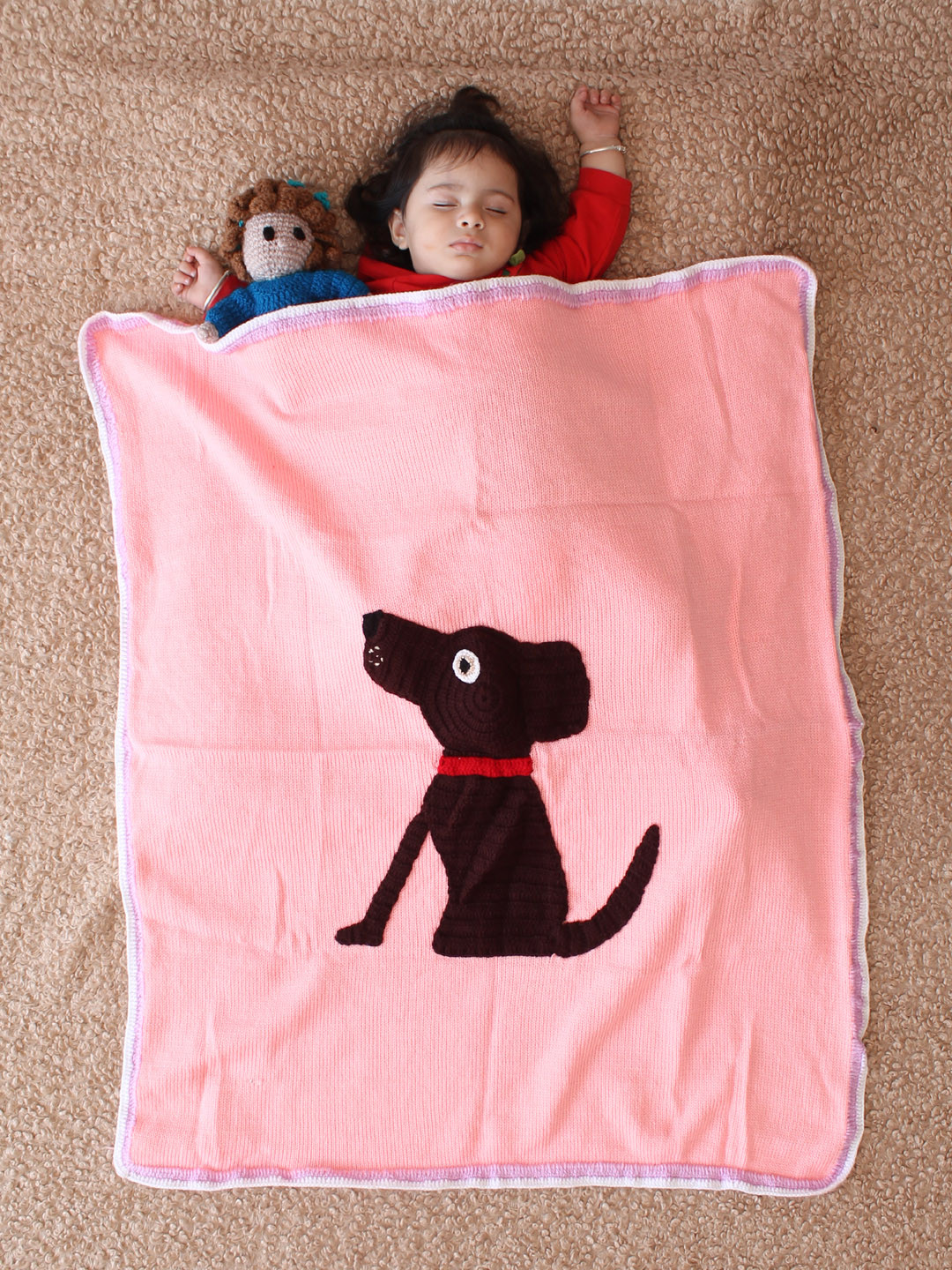 Woonie Machine Knitted Puppy Applique Baby Pram Blanket - Pink