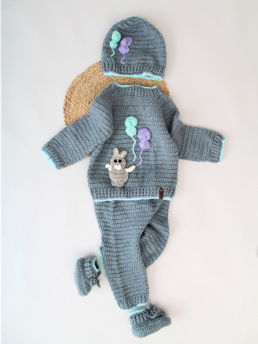 Woonie Matching Sweater and Pants with Caps & Booties - Grey
