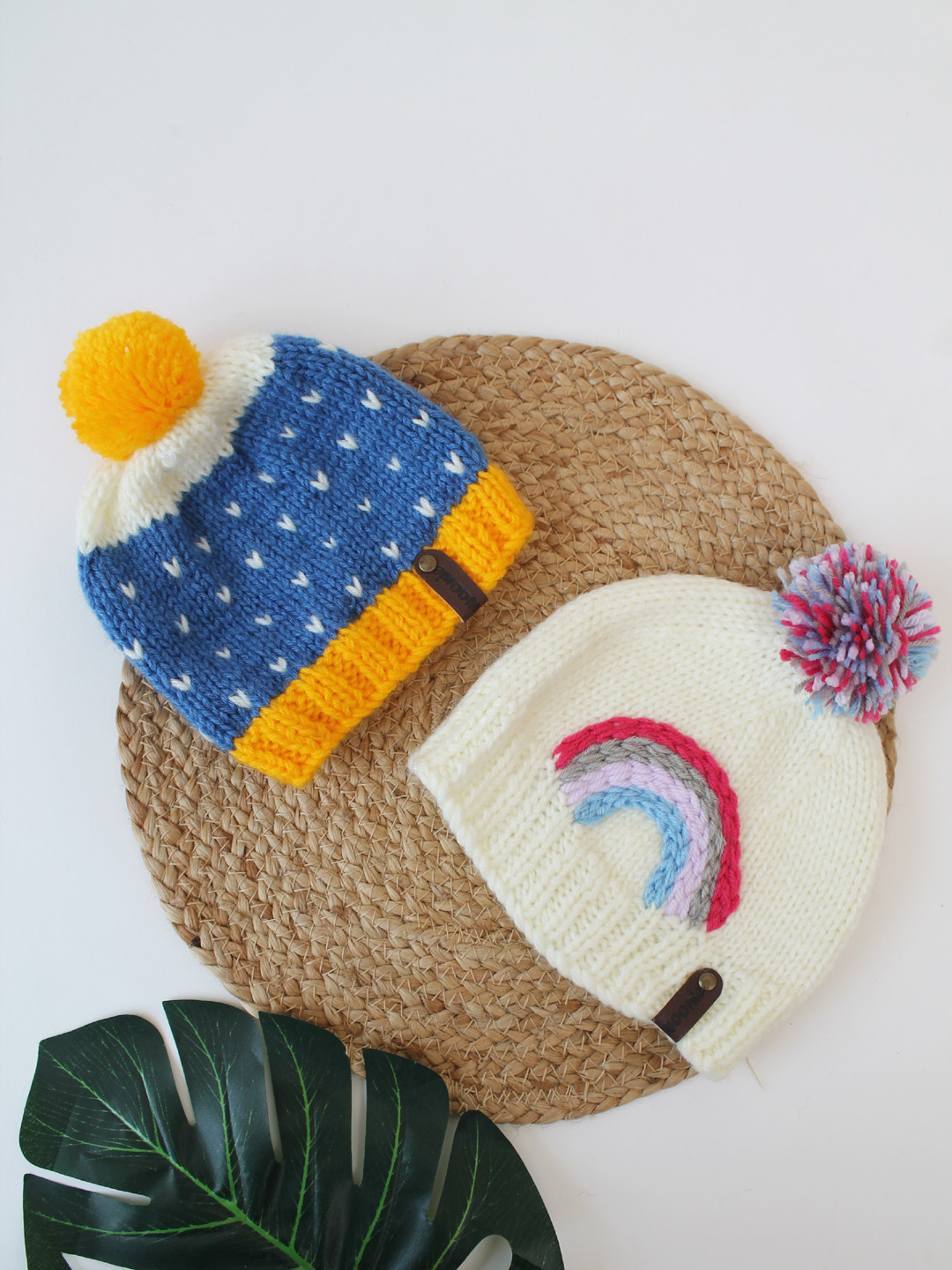 Woonie Pack of 2 Embroidered Newborn Knitted Caps - Blue