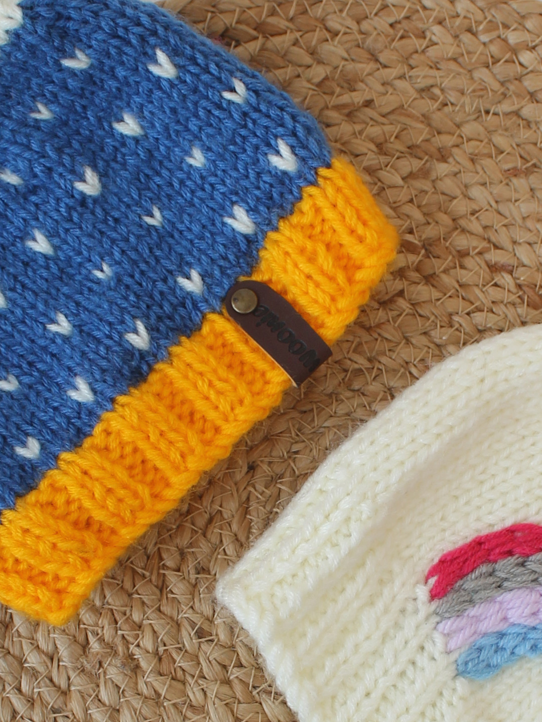 Woonie Pack of 2 Embroidered Newborn Knitted Caps - Blue