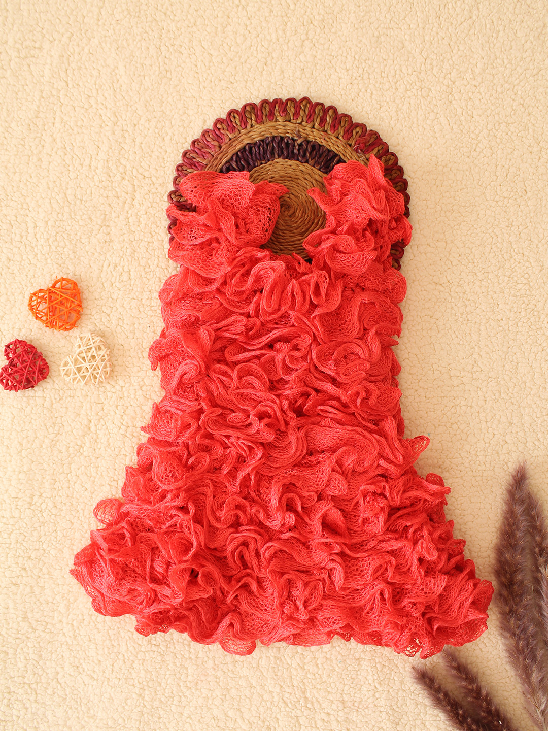 Woonie Ruffled Cinderella Winterwear Dress - Coral