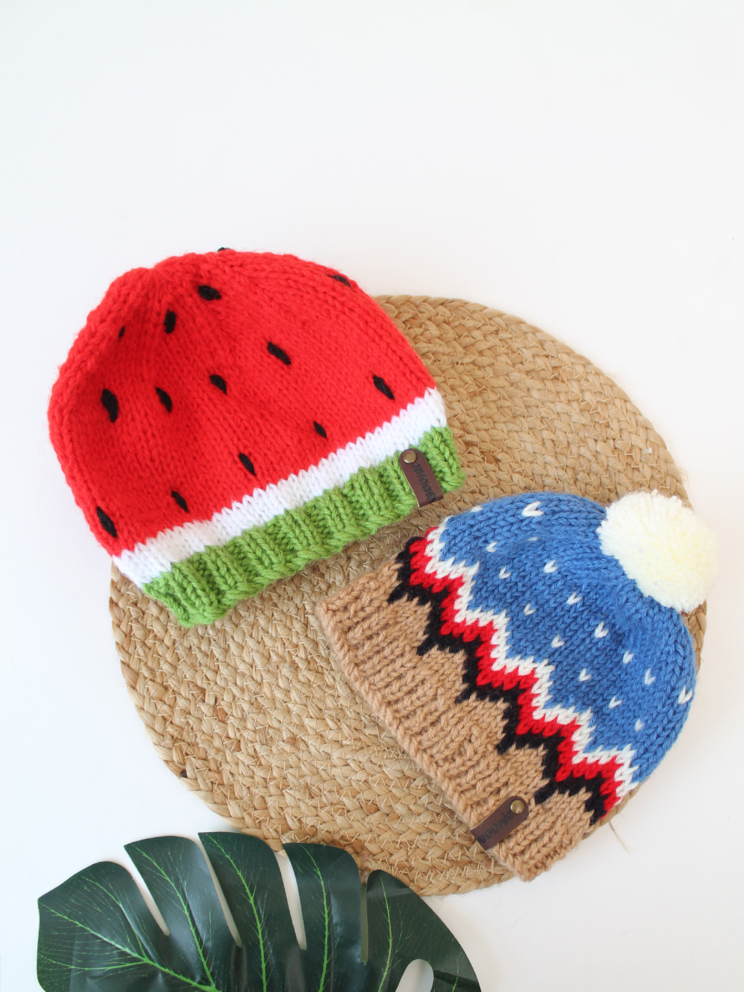 Woonie Set of 2 Hand Knitted Winter Hats for Infants - Red