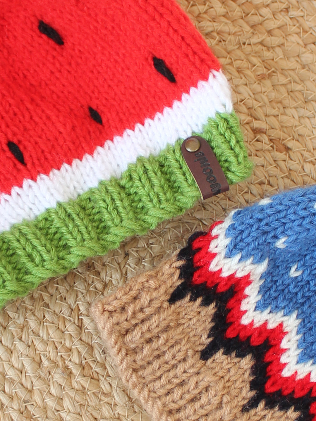 Woonie Set of 2 Hand Knitted Winter Hats for Infants - Red