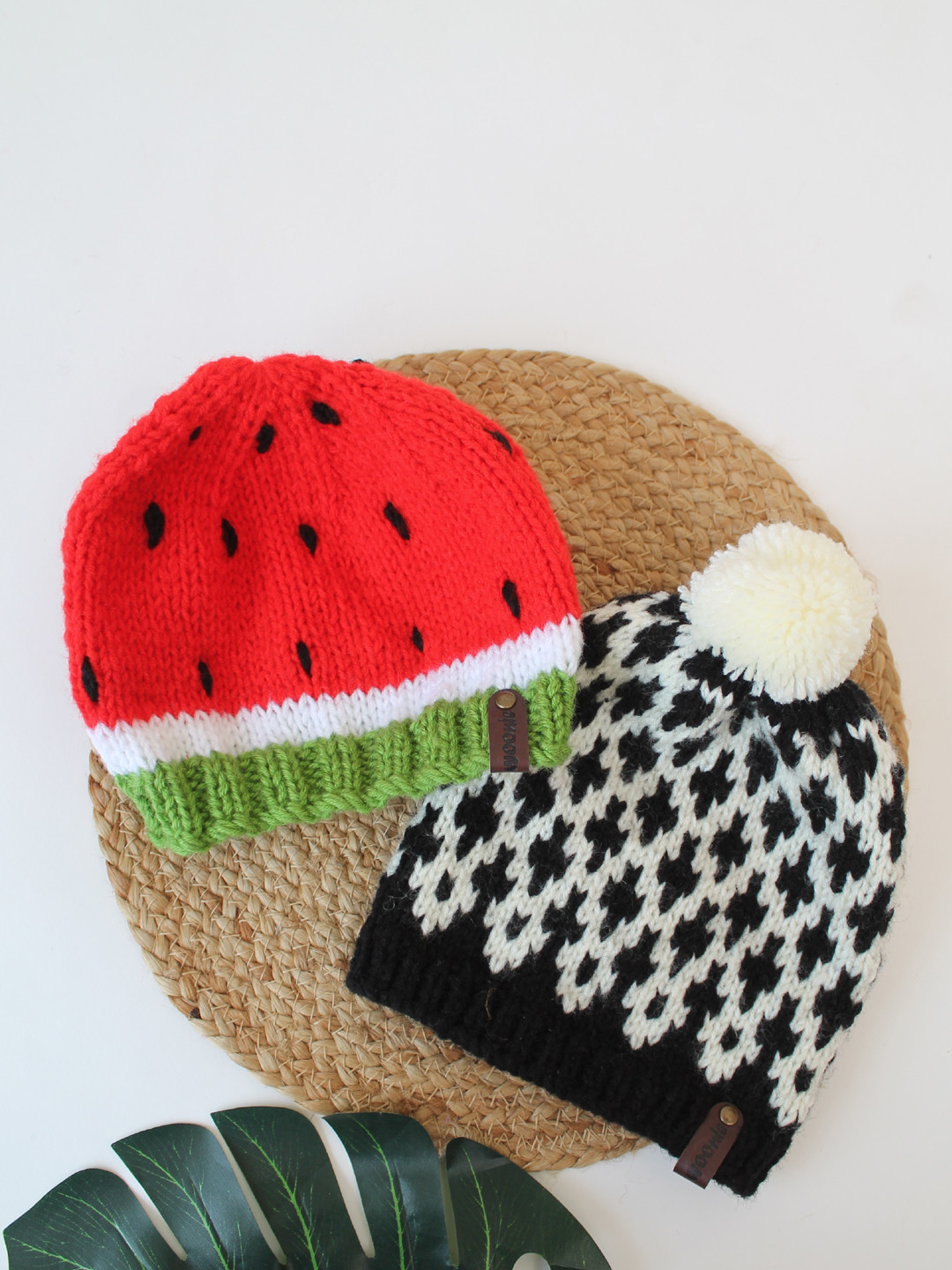 Woonie Set of 2 Watermelon & Abstract HandKnitted Caps-Black