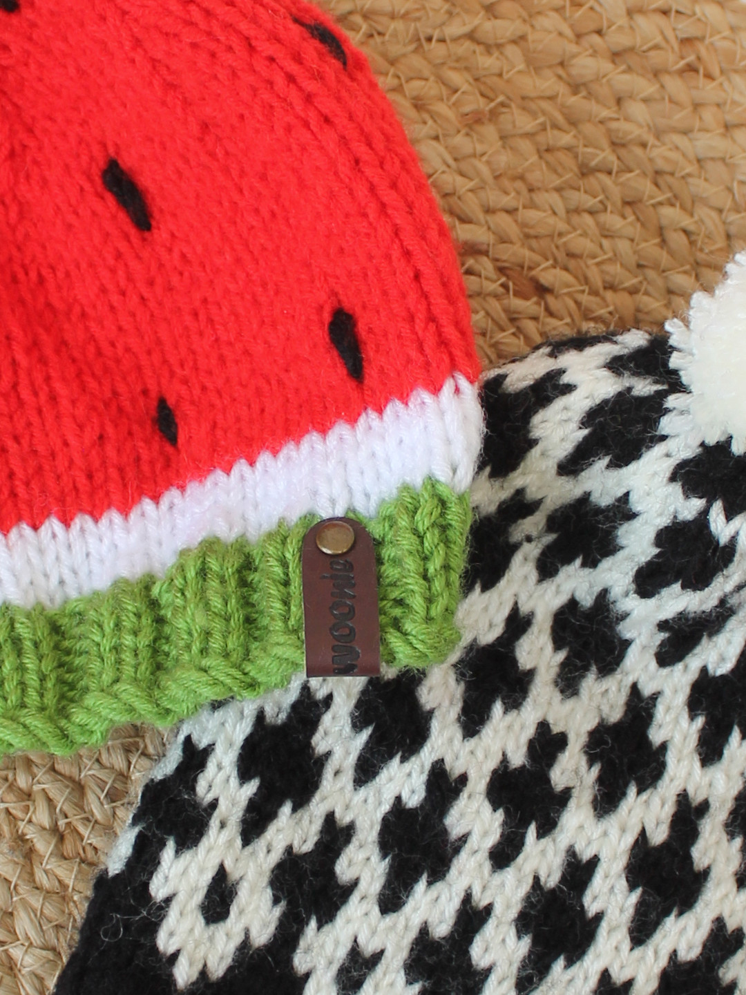 Woonie Set of 2 Watermelon & Abstract HandKnitted Caps-Black