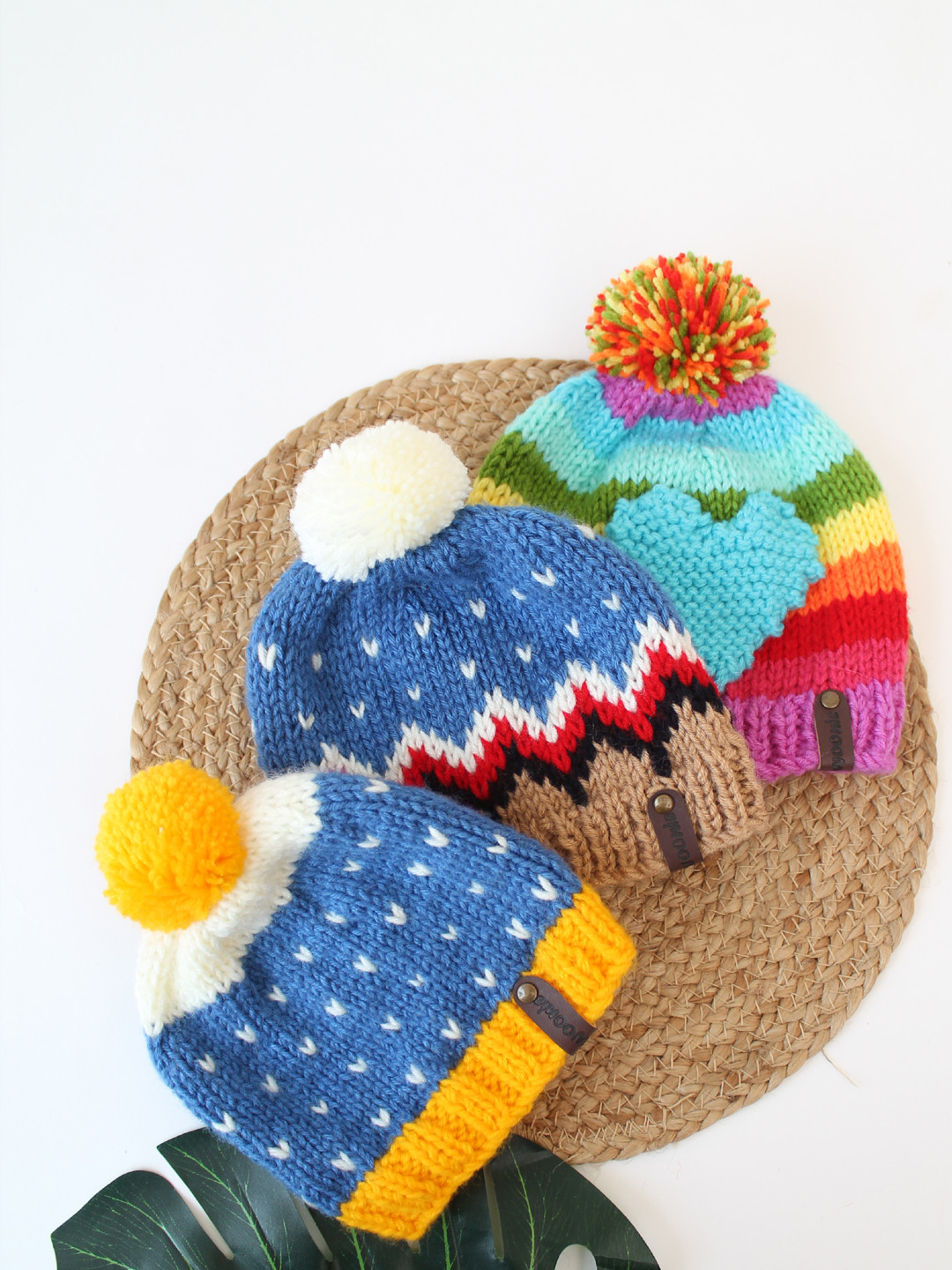 Woonie Set of 3 Abstract & Colourblock HandKnitted Caps - Blue