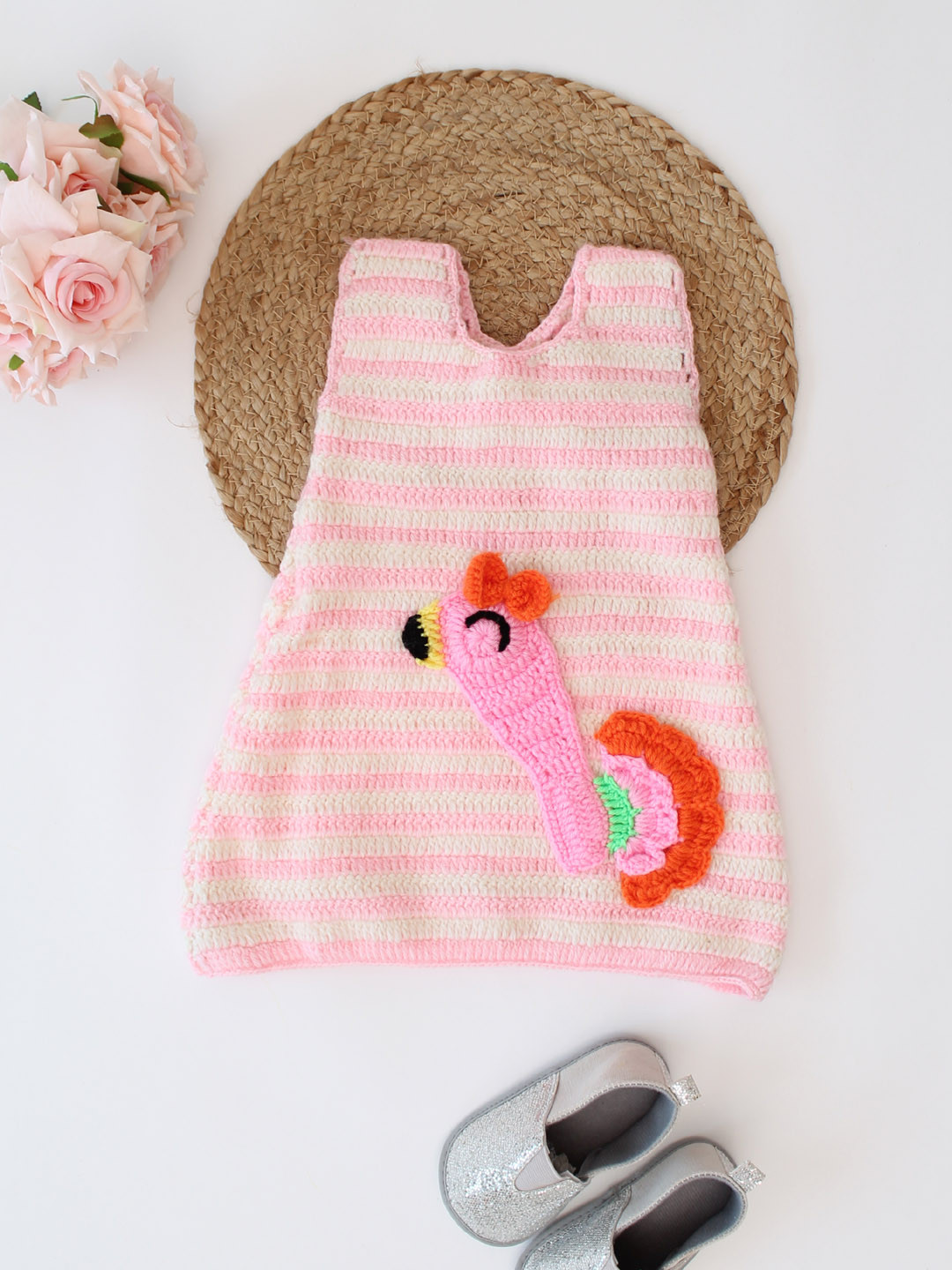 Woonie Sleeveless Crochet Bird Designed Dress for Infants-Pink