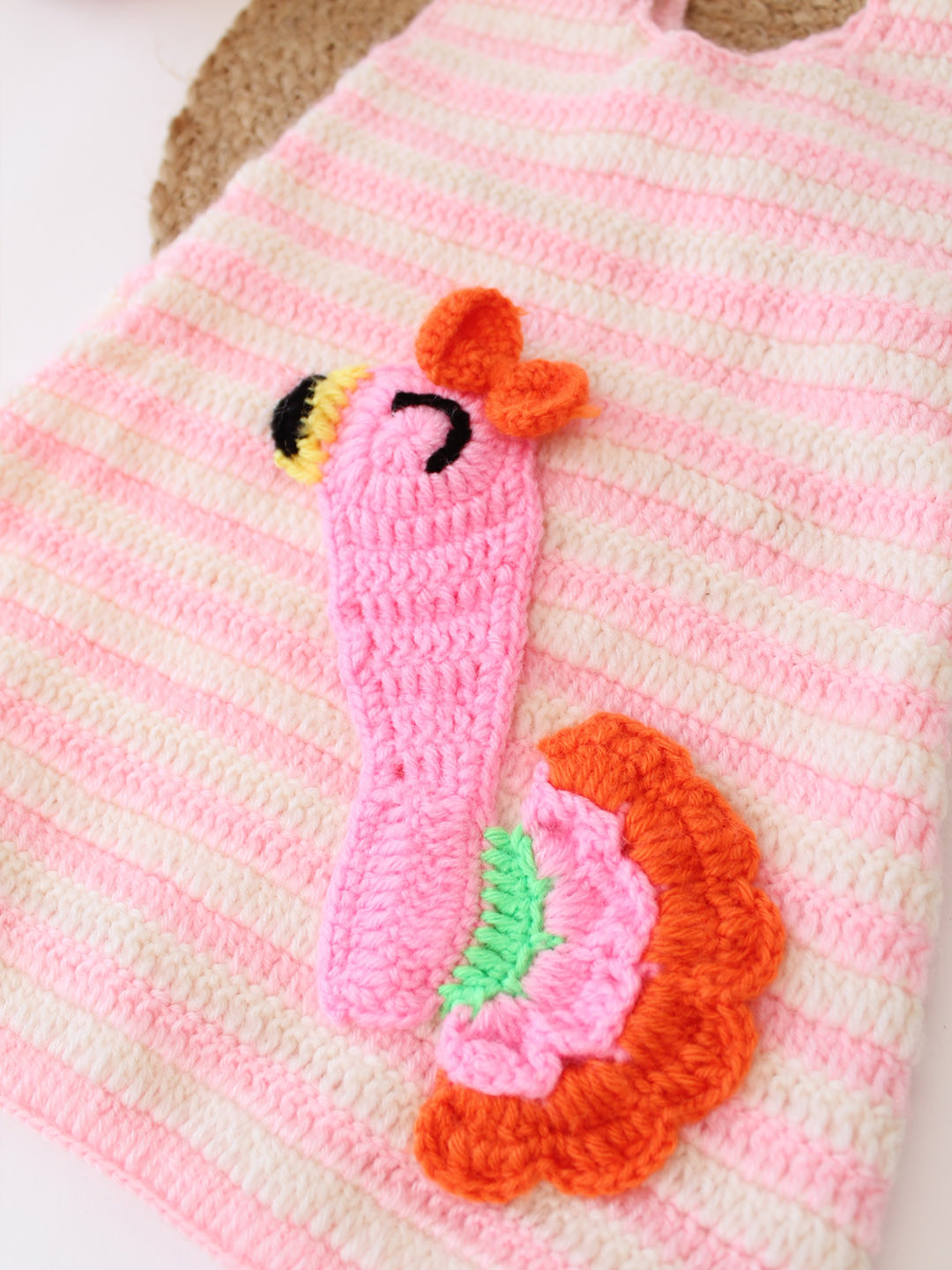 Woonie Sleeveless Crochet Bird Designed Dress for Infants-Pink