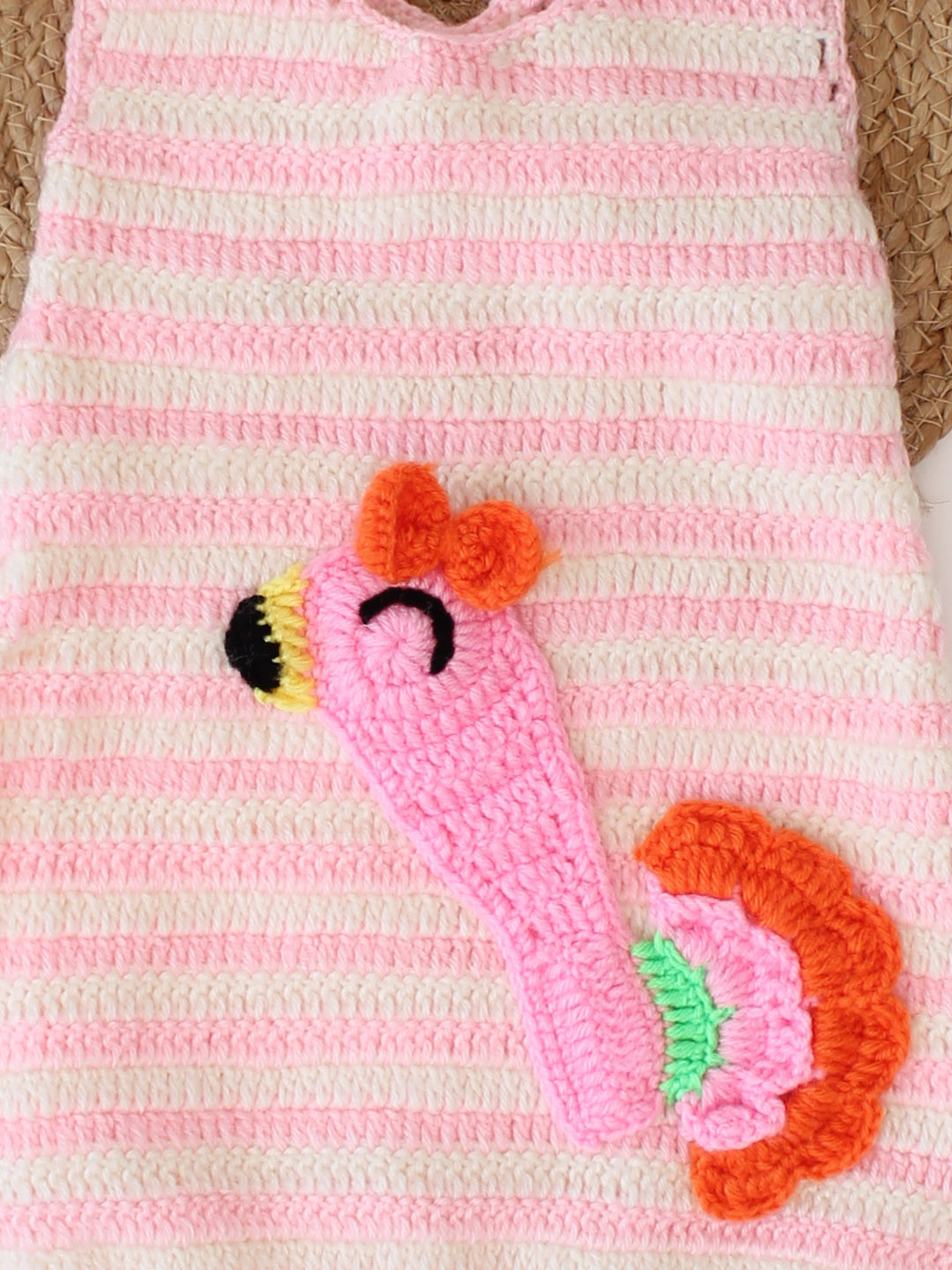 Woonie Sleeveless Crochet Bird Designed Dress for Infants-Pink