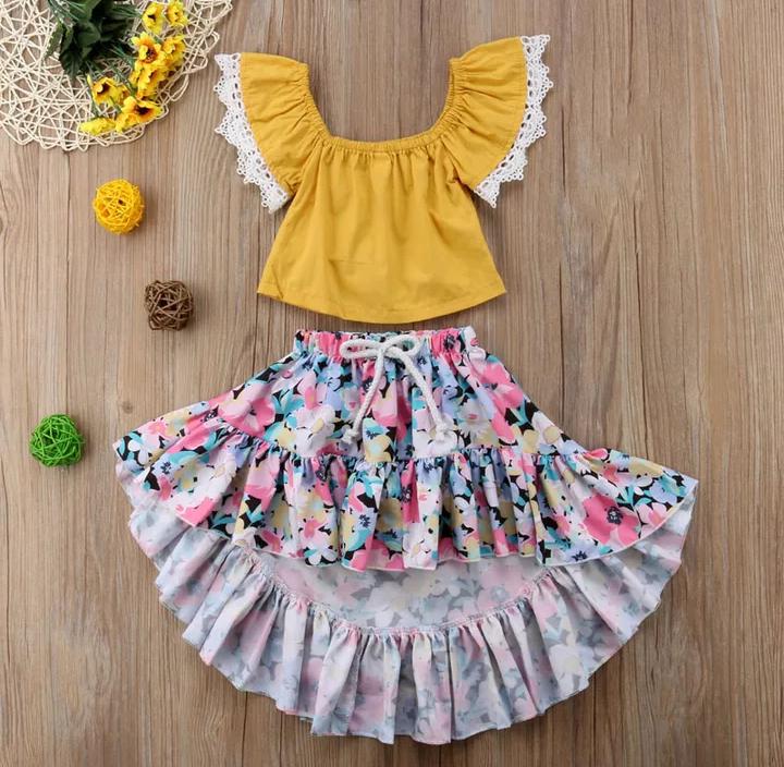 Yellow Crop Top With Floral High Low Skirt