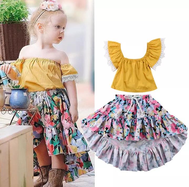 Yellow Crop Top With Floral High Low Skirt
