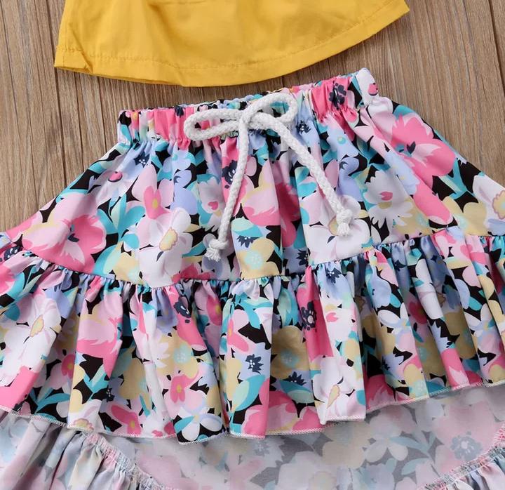 Yellow Crop Top With Floral High Low Skirt