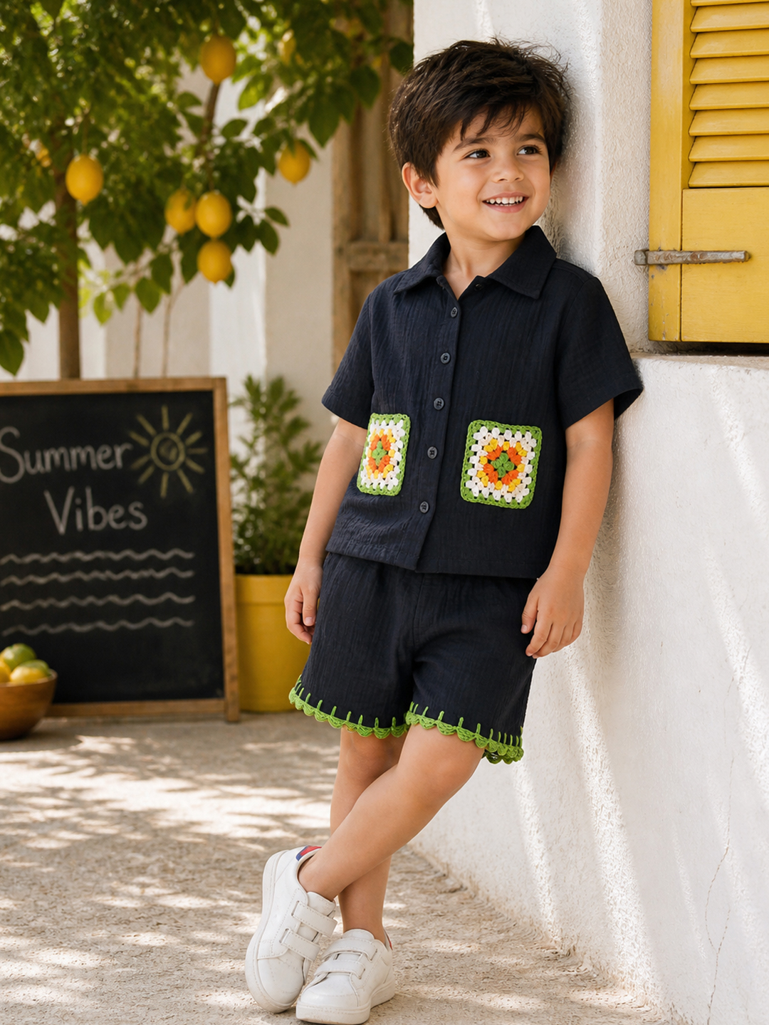 Woonie Pocket Detailed Shirt & Coordinating Shorts Set - Black
