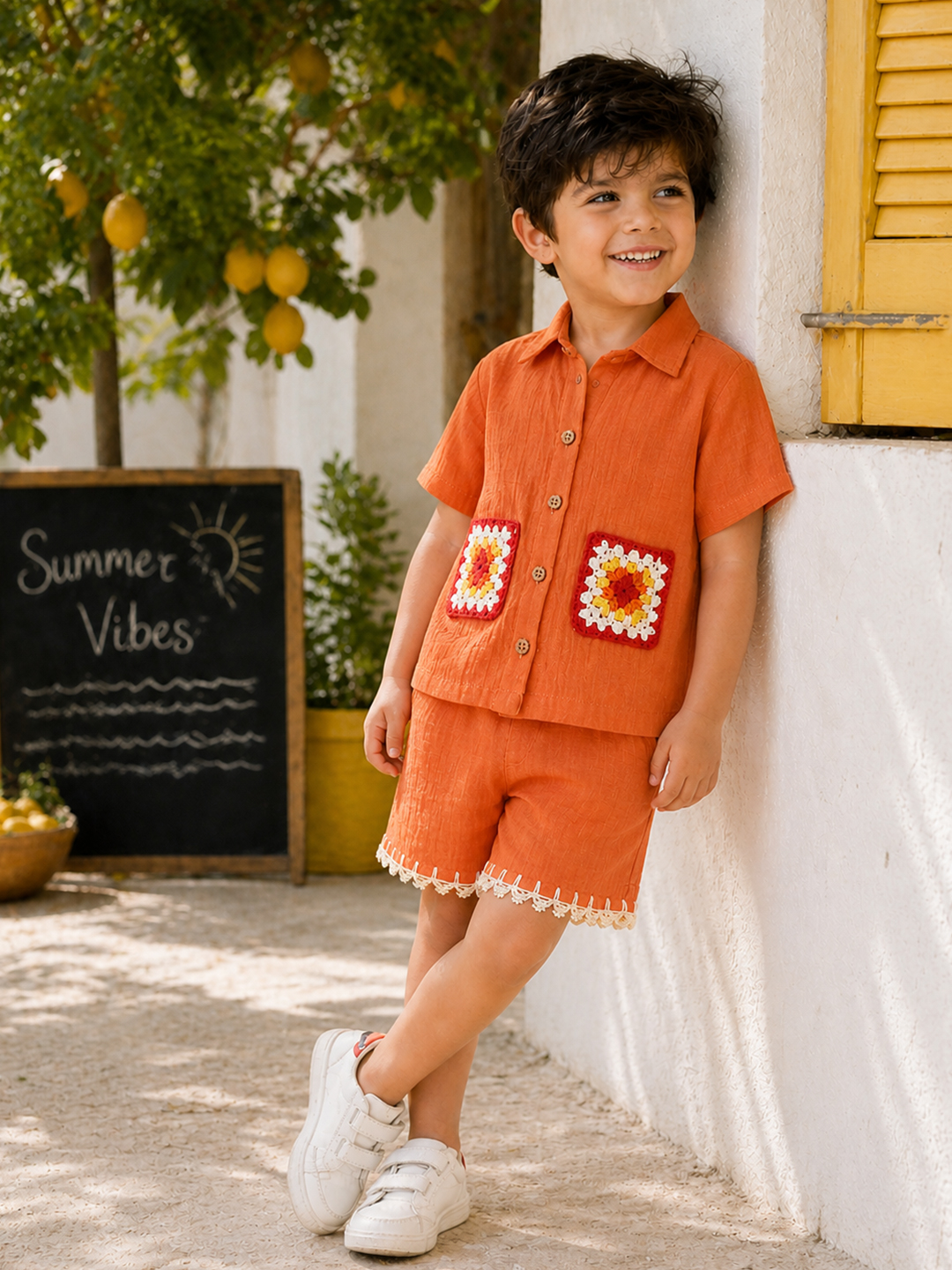 Woonie Pocket Detailed Shirt & Coordinating Shorts Set - Orange