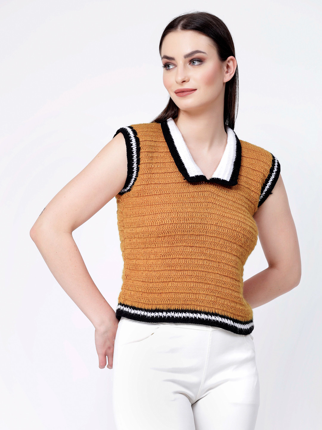 Velvery Handmade Crochet Collared Sweater Vest - Mustard