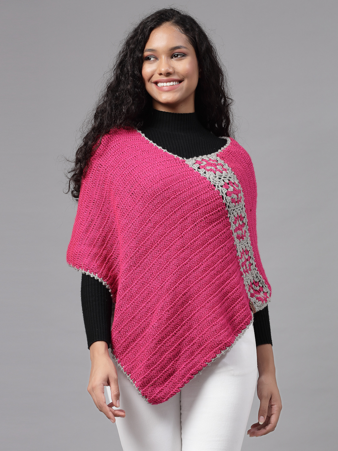 Colour Block Crochet Granny Square Poncho - Pink