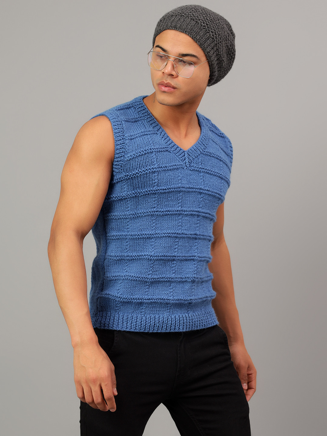 Handknitted Mens Sleeveless Winter Sweaters - Blue