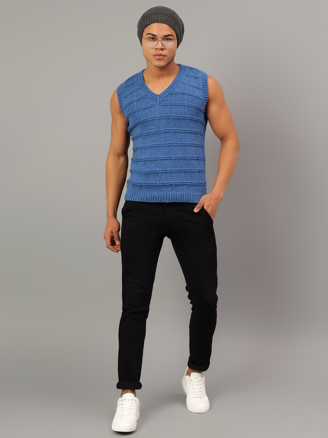 Handknitted Mens Sleeveless Winter Sweaters - Blue