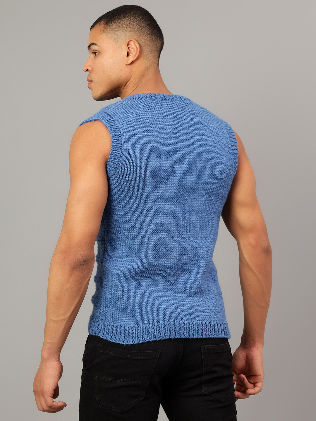 Handknitted Mens Sleeveless Winter Sweaters - Blue