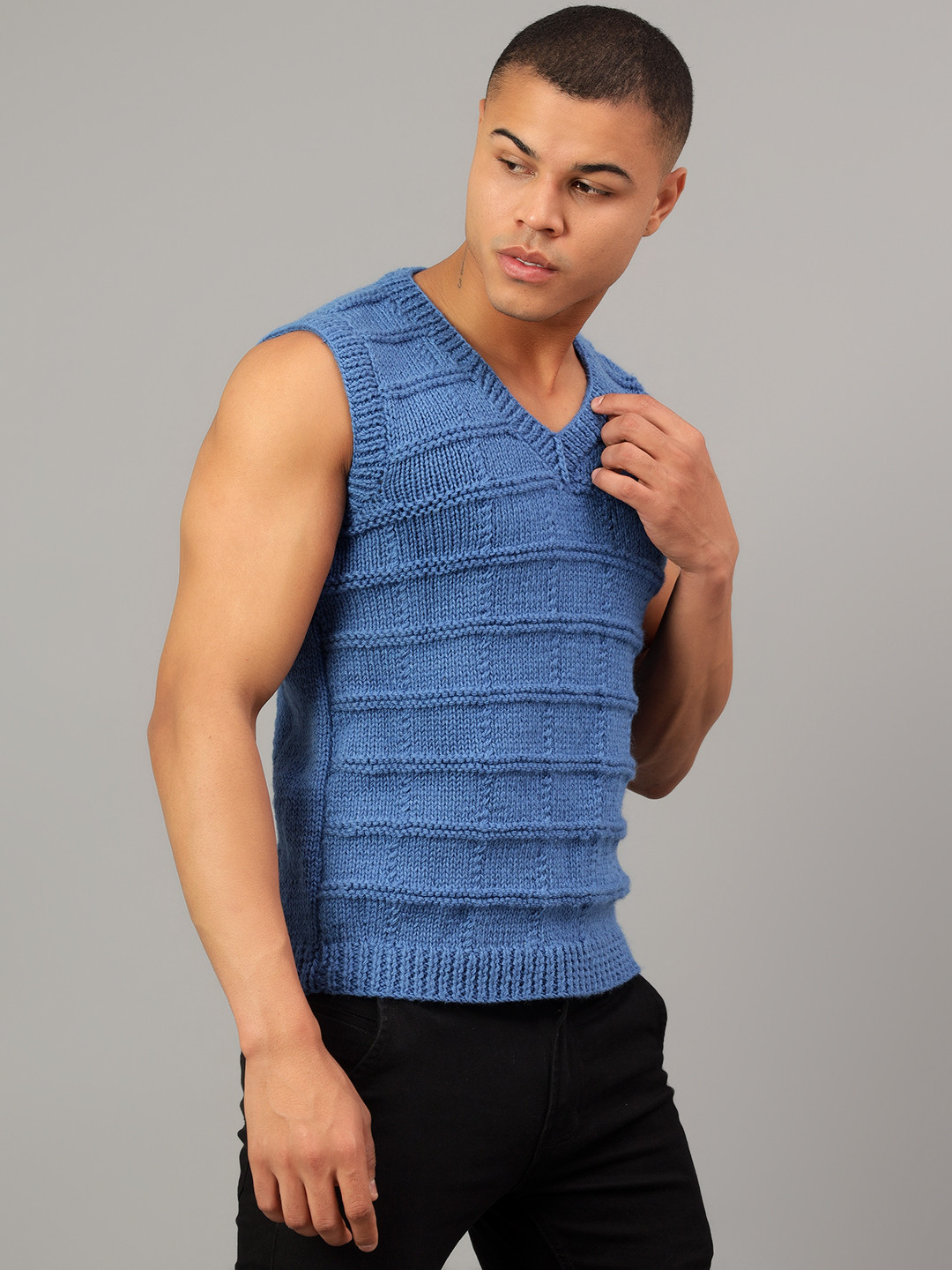Handknitted Mens Sleeveless Winter Sweaters - Blue