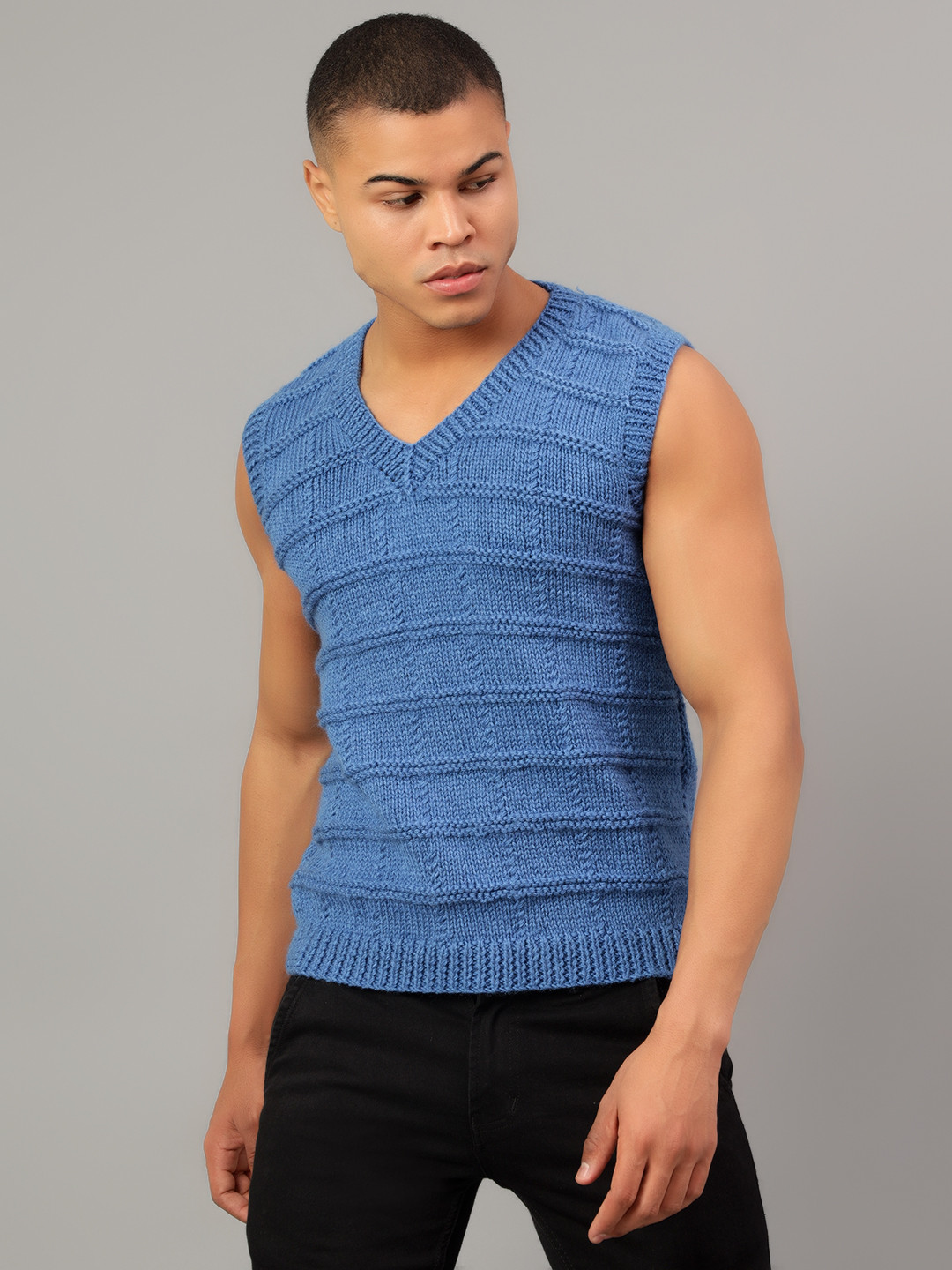 Handknitted Mens Sleeveless Winter Sweaters - Blue