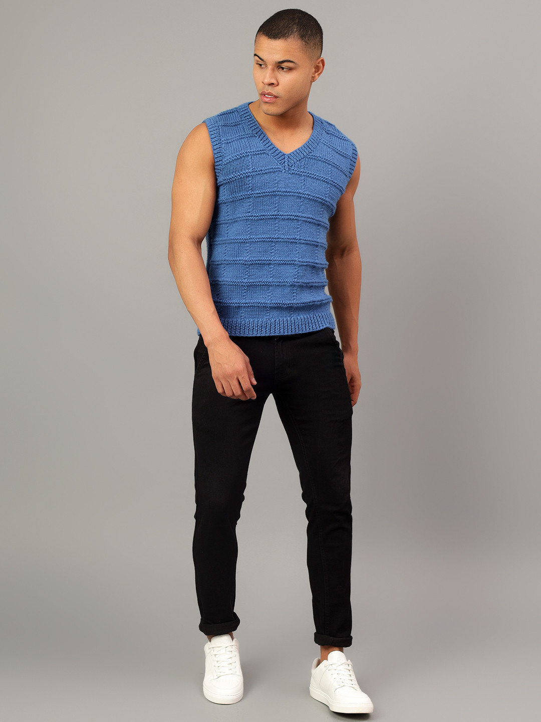 Handknitted Mens Sleeveless Winter Sweaters - Blue