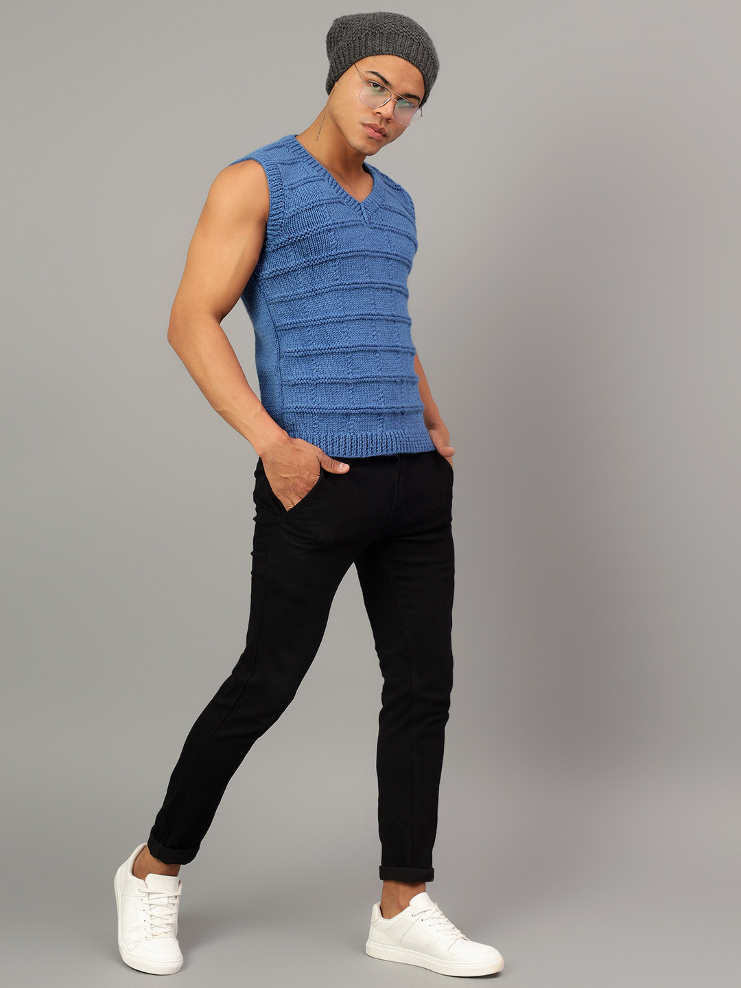 Handknitted Mens Sleeveless Winter Sweaters - Blue